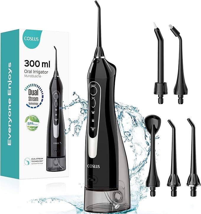 COSLUS Water Dental Flosser Teeth Pick: Portable Cordless Oral Irrigator 300ML Rechargeable Travel Irrigation Cleaner IPX7 Waterproof Electric Flossing Machine