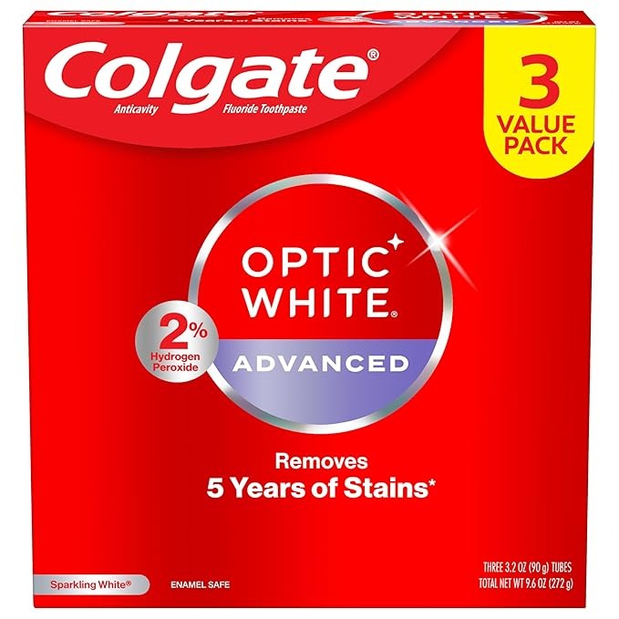Colgate Optic White Advanced Hydrogen Peroxide Toothpaste, Teeth Whitening Toothpaste Pack, Enamel-Safe Formula, Helps Remove Tea, Coffee Sparkling White 3 Pack